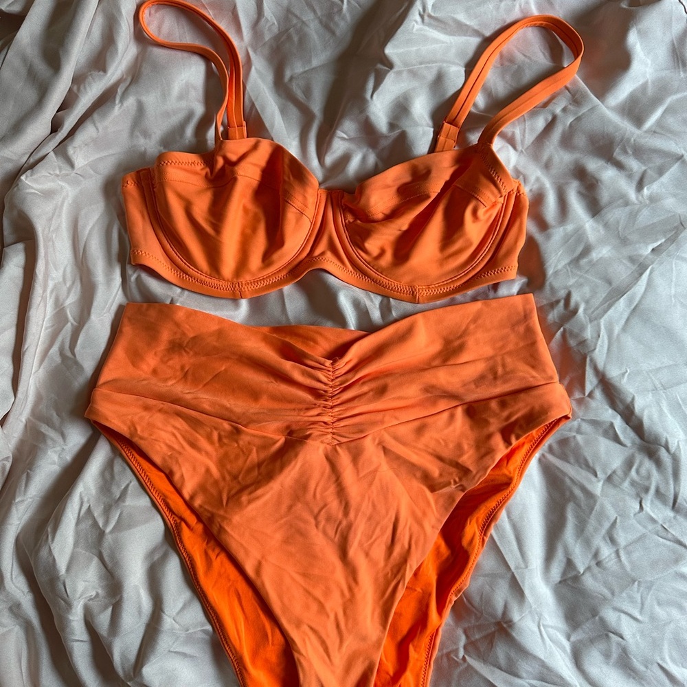 Aerie Unlined Underwire High Cut Cheeky Neon Orange Bikini Set | 34D + Large